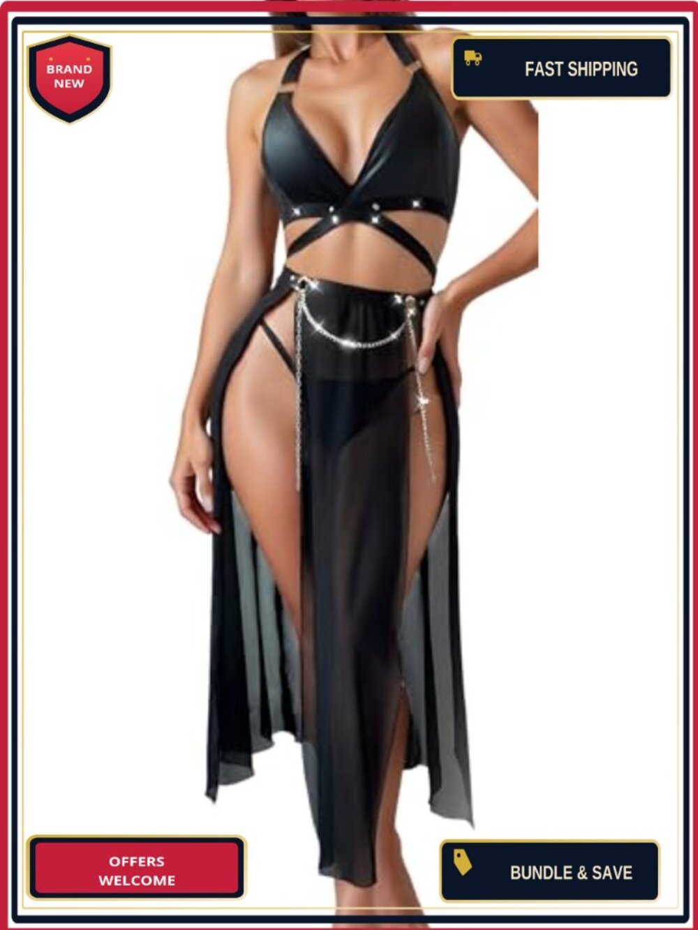Faux Leather Strappy Bra Skirt Lingerie Set Mesh Sheer Dress Dance Costume